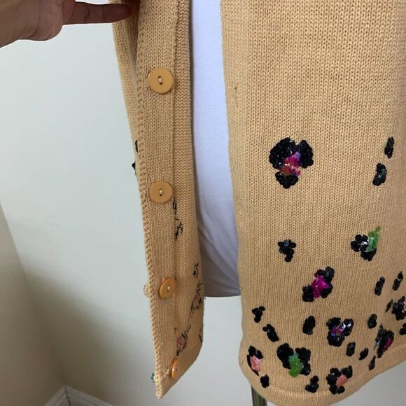 Storybook Knit Embellished Sequined Cheetah Cardigan Small Tan - Picture 7 of 13